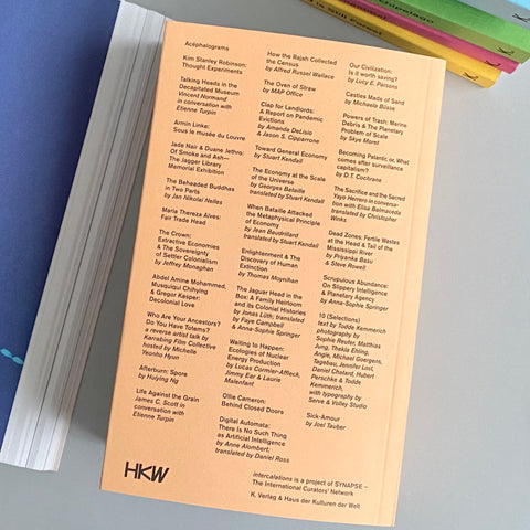 Back cover, Decapitated Economies (intercalations 05), edited by Anna-Sophie Springer & Etienne Turpin, K. Verlag & Haus der Kulturen der Welt, 2025