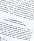 A close-up of printed text from a book or article, showing a section titled 'The Digital Pharmacist & The Proletarianization of Expression' on a white page.