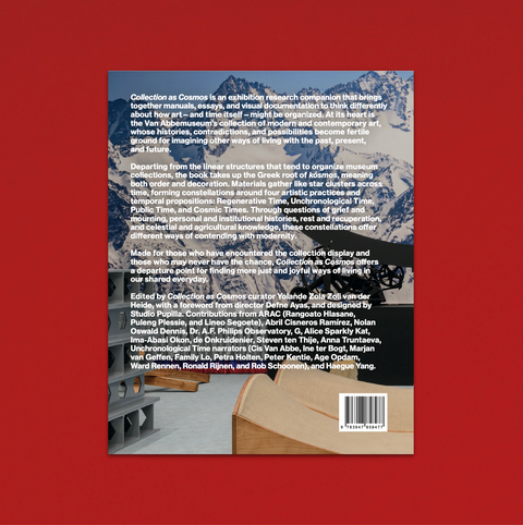 The back cover of a book titled 'Collection as Cosmos' is shown against a solid red background. The book cover features a white background with black text detailing the publication's research and exhibition history, alongside a photograph of a glacier and a wooden box at the bottom.